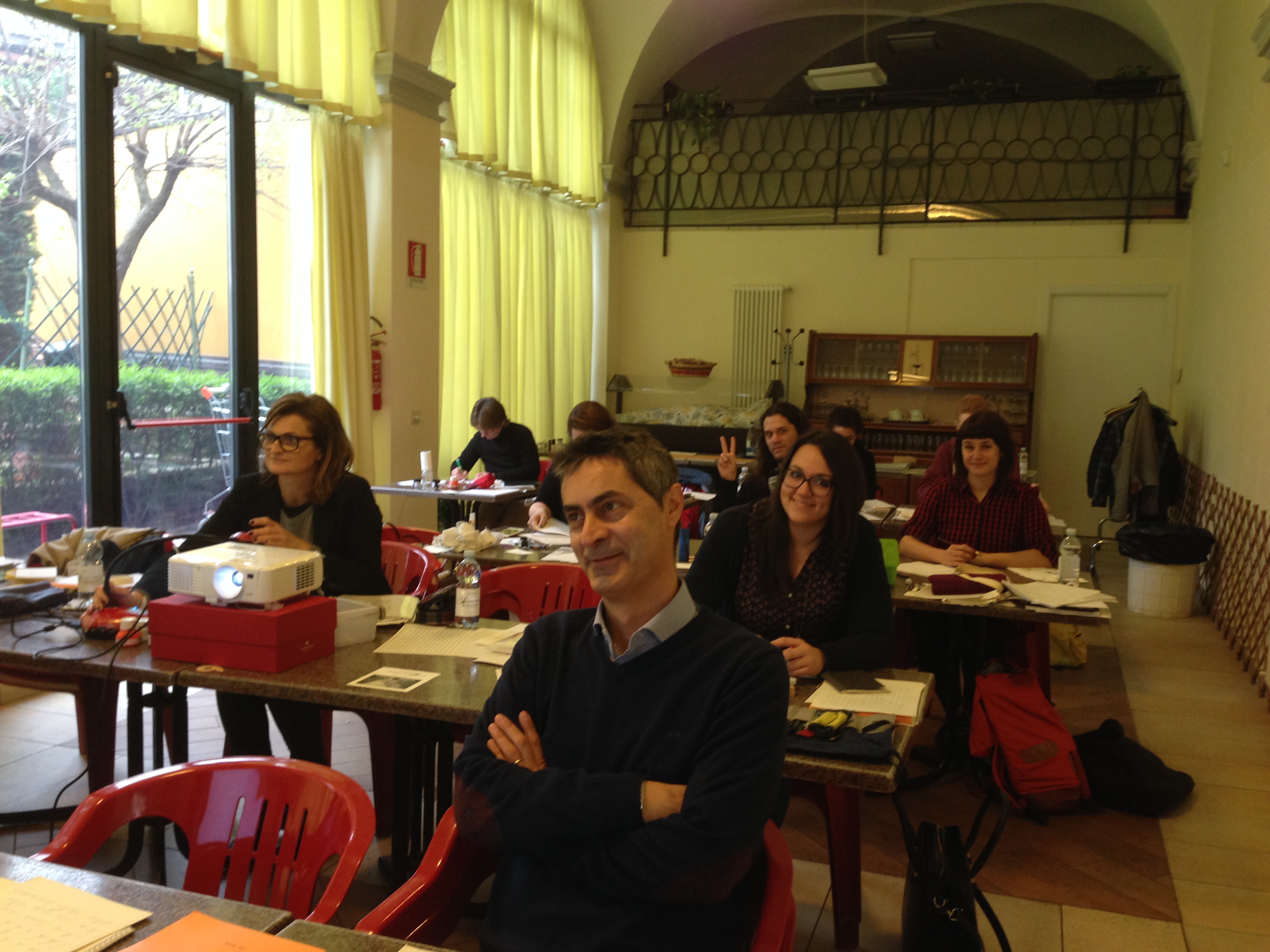 Participants at Barbara Calzolari's Spencerian workshop, Centro Sociale Giorgio Costa, Bologna, 3 April 2016 (photo: Miriam Jones).